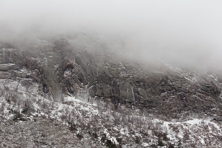snow, rock, cliffs, winter, ice, cold, clouds, fog, mountains, nature