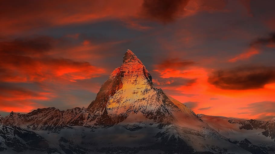 gris, marrón, formación rocosa, puesta de sol, suiza, zermatt, montañas, nieve, matterhorn, alpino