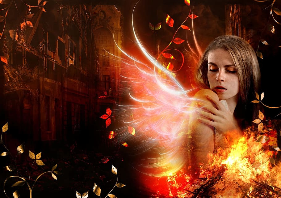 woman, flaming, wings, edited, digital, wallpaper, fire, hot, red, swirls