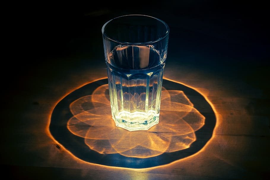 clear glass cup, glass, water, kaleidoscope, multifaceted, pattern, light, glow, amazing, light effect