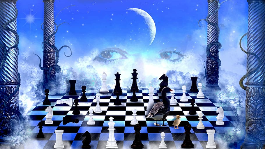 チェスゲーム, 青, 空, 再生, チェス盤, 戦略, チェス, フォトショップ, 写真操作, チェスの駒