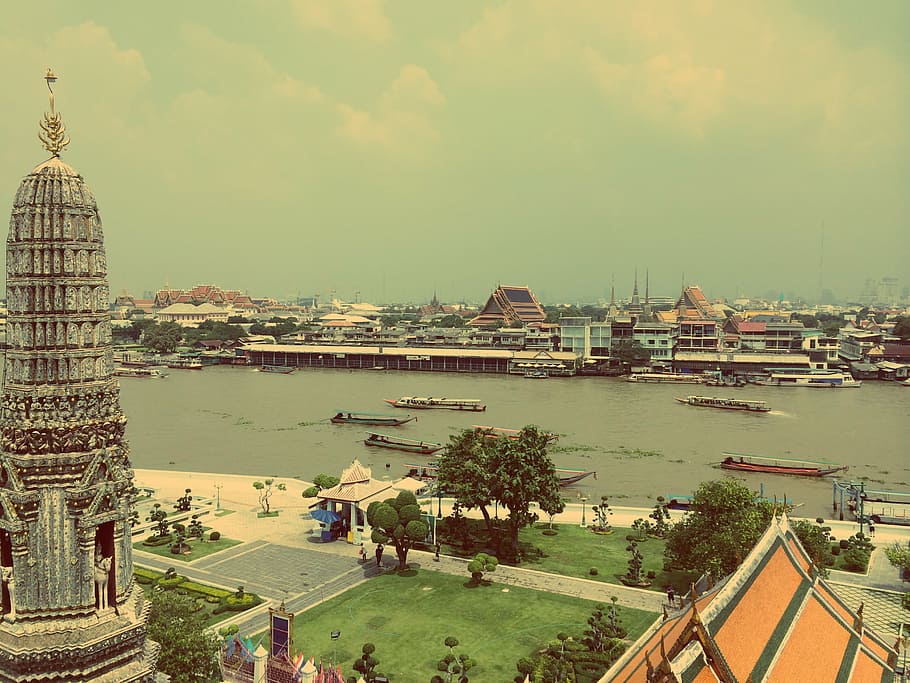 aldeia, corpo, água, perto, parque, bangkok, tailândia, rio, barcos, navios