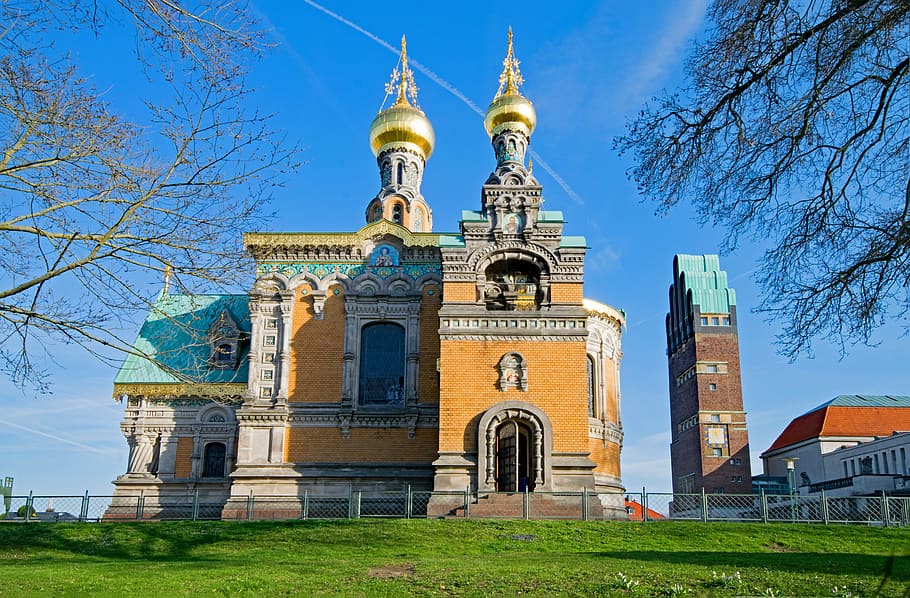 Darmstadt, Hesse, Germany, Mathildenhöhe, art nouveau, five finger tower, russian chapel, chapel, church, russian