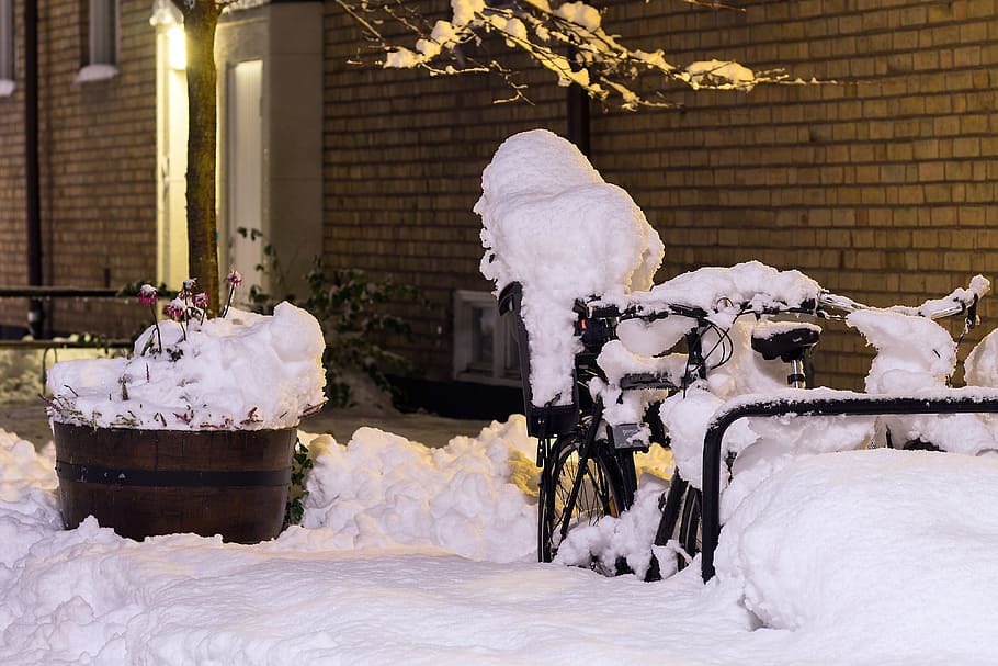 nieve, cubierto, negro, bicicleta, frío, ciclo, invierno, hielo, al aire libre, clima