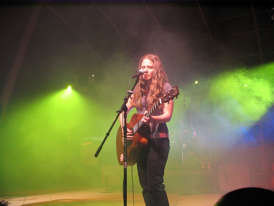 woman, playing, guitar, singing, stage, jesse and joy, lead singer, band, live, concert