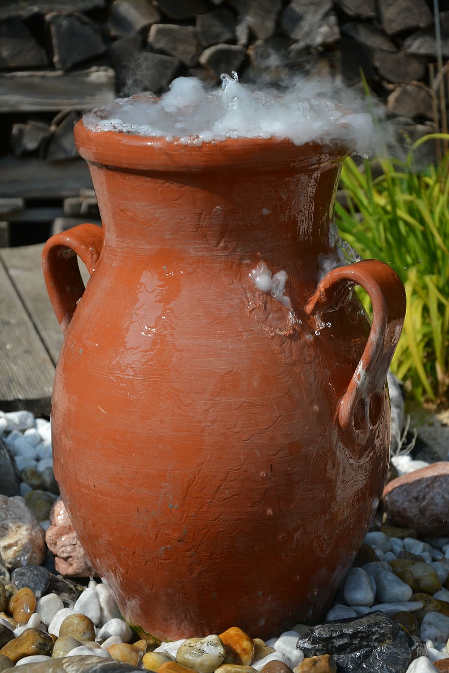 amphora, krug, dry ice, jug, pottery, close-up, orange color, day, cold temperature, focus on foreground