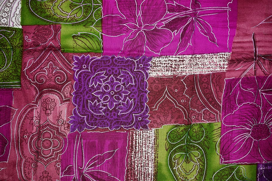 closeup, foto, ungu, coklat, hijau, bunga, kain, latar belakang, kain perca, violet