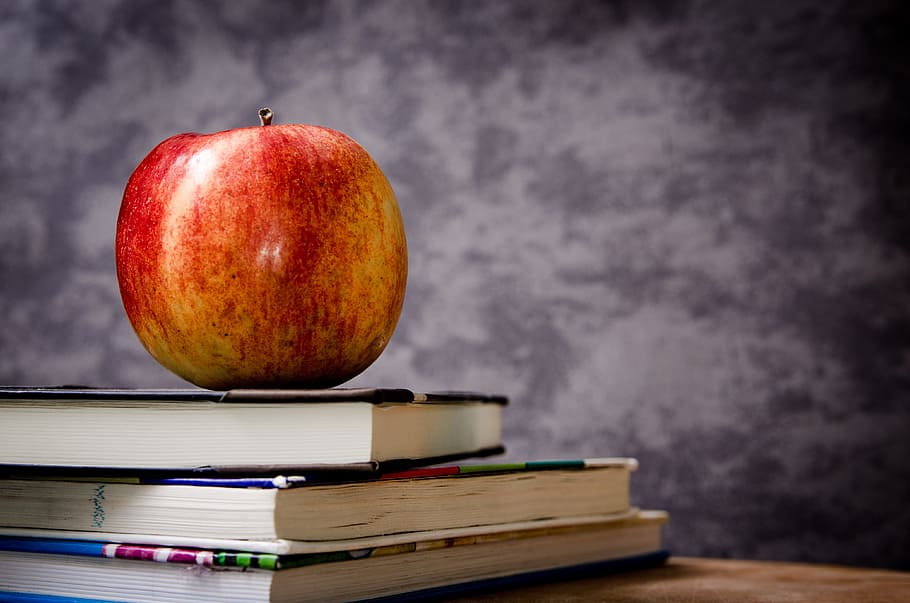 red, apple, top, three, books, education, school, knowledge, apples, book