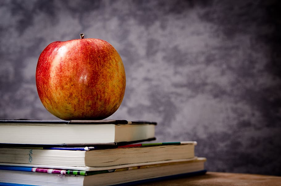 apple, textbooks, books, class, classroom, teacher, school, study, education, fruit