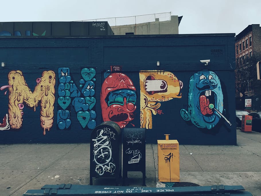 three, assorted-color mailbox, graffiti wall, street, art, vandal, graffiti, paint, street art, trash bin