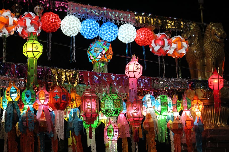 照明付き吊り下げランタン, 提灯, 祭り, チェンマイ, タイ, 大都市, 夜, 光の祭り, 照明, 暗闇