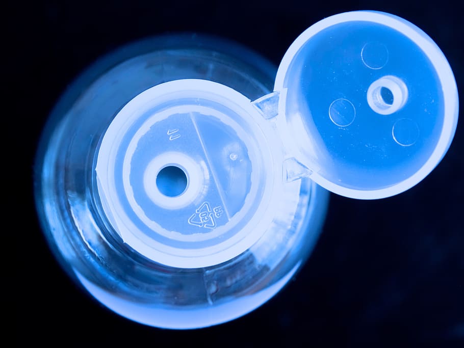 plastic, bottle, transparent, light blue, lid, open, blue, indoors, close-up, studio shot