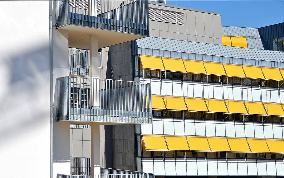 white, yellow, green, concrete, building, kempten, architecture, tower house, awnings, venetian blinds