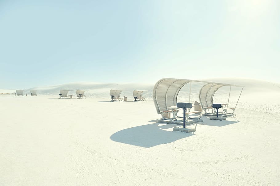 white galvanized roof, white, tables, blue, sky, daytime, nature, sand, cabana, seating