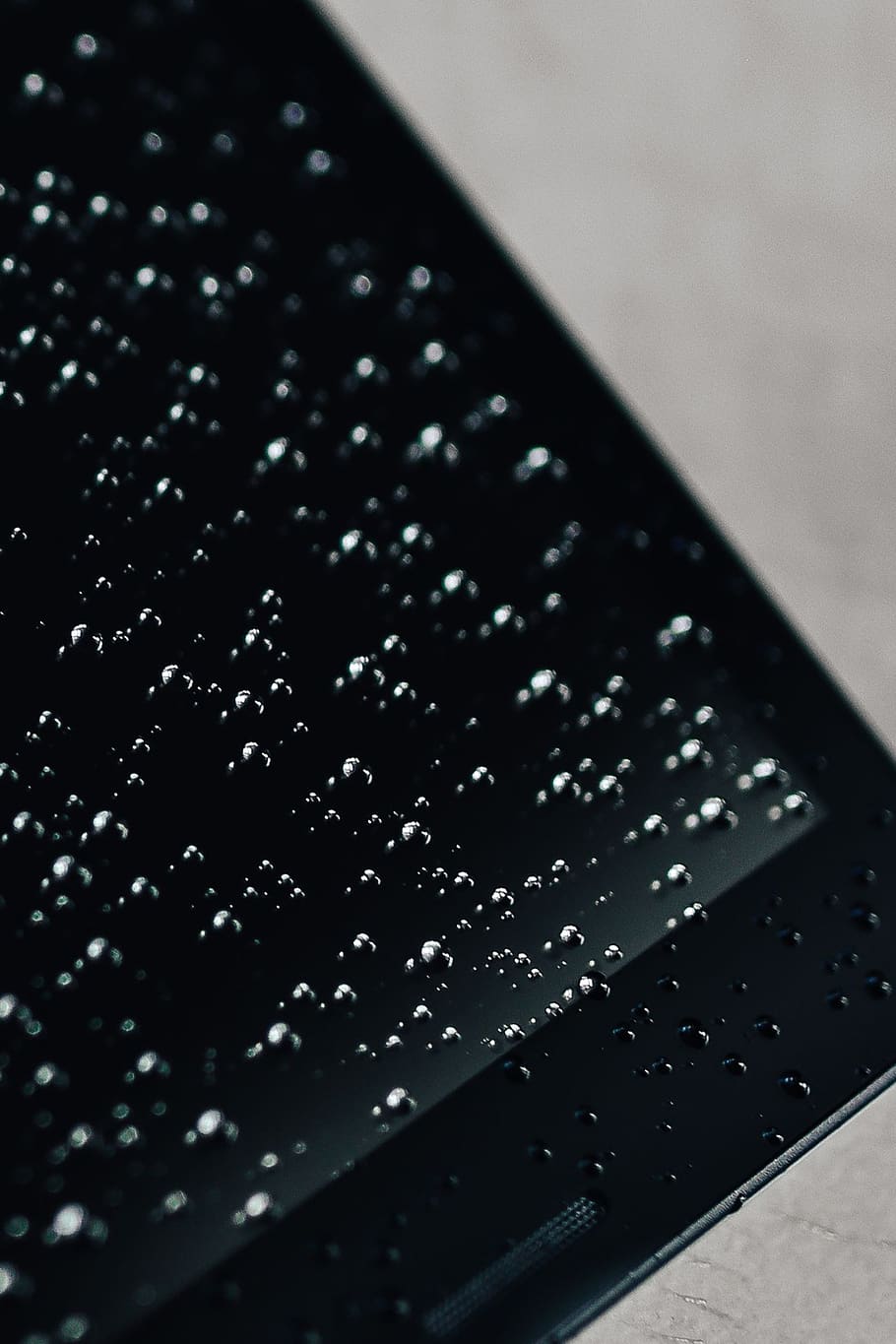 rain, tablet, raindrop, dew, Wet, black, close-up, indoors, selective focus, black color