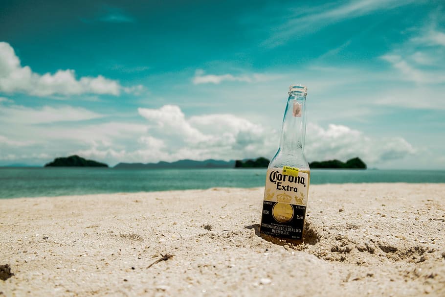 corona, ekstra, botol bir, pantai, fokus, fotografi, botol, dekat, laut, samudra