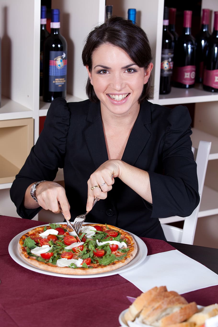 woman, black, blazer seating, white, chair, pizza, restaurant, pizzeria, food, basil