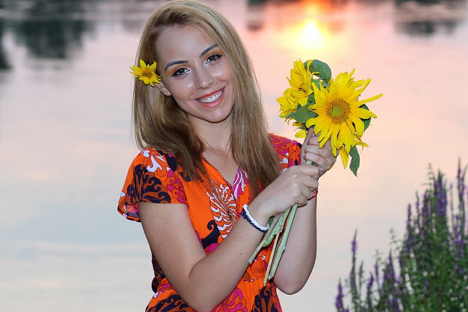 girl, sunset, sunflower, lake, water, reflection, blonde, beauty, in the evening, nature