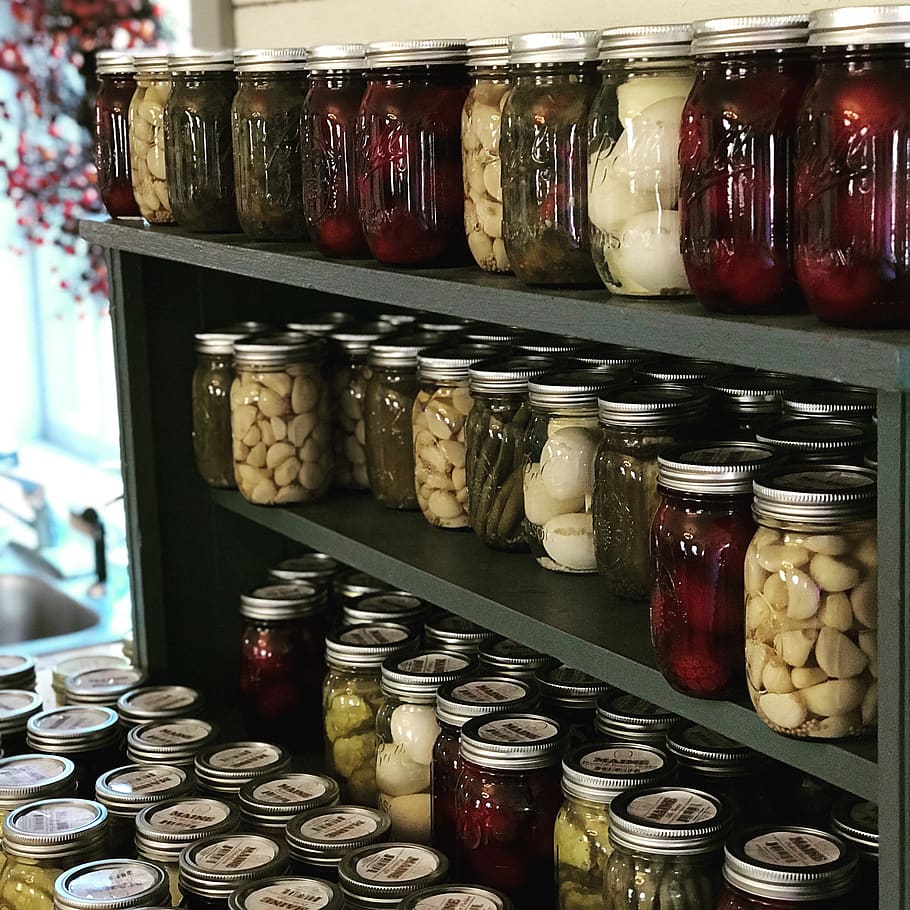 canned, canning, farm stand, mason jar, jar, container, choice, variation, large group of objects, indoors