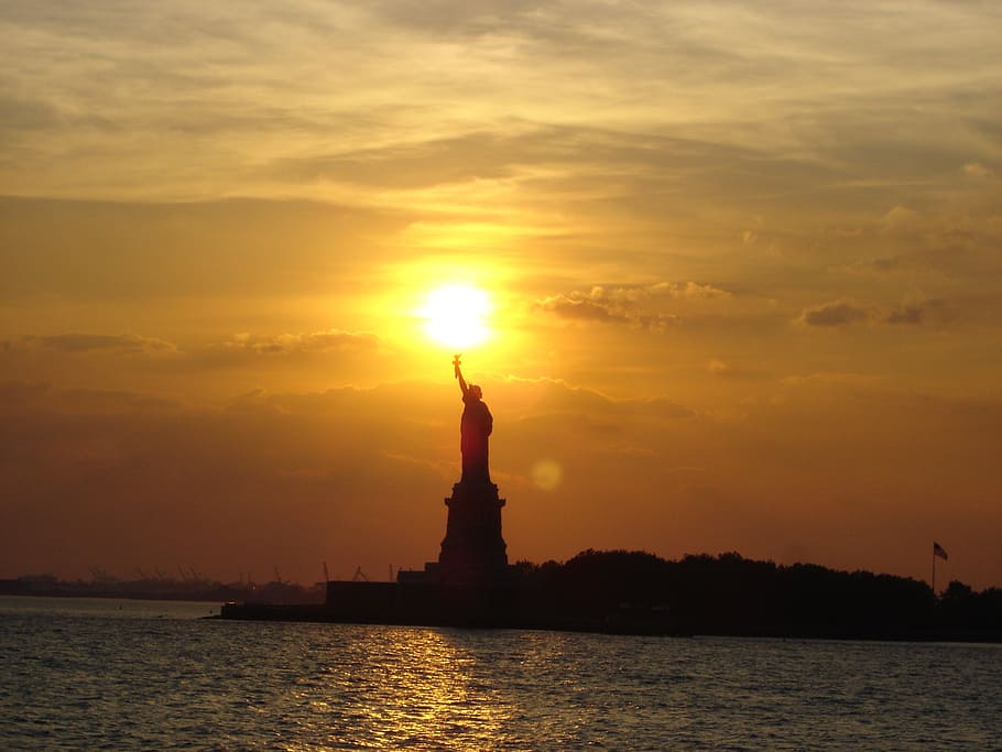 estatua, libertad, nuevo, york, puesta de sol, estatua de la libertad, nueva york, cielo, nubes, bahía