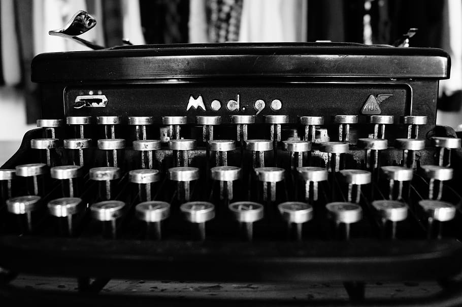 fotografia em escala de cinza, máquina de escrever, digitando, preto e branco, chaves, mecânica, rolo, mapa, tinta, bobina