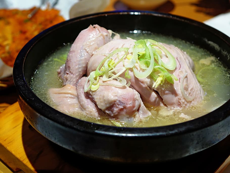 chicken soup, black, pot, ginseng, korea, asia, cooking, food, korean food, herb
