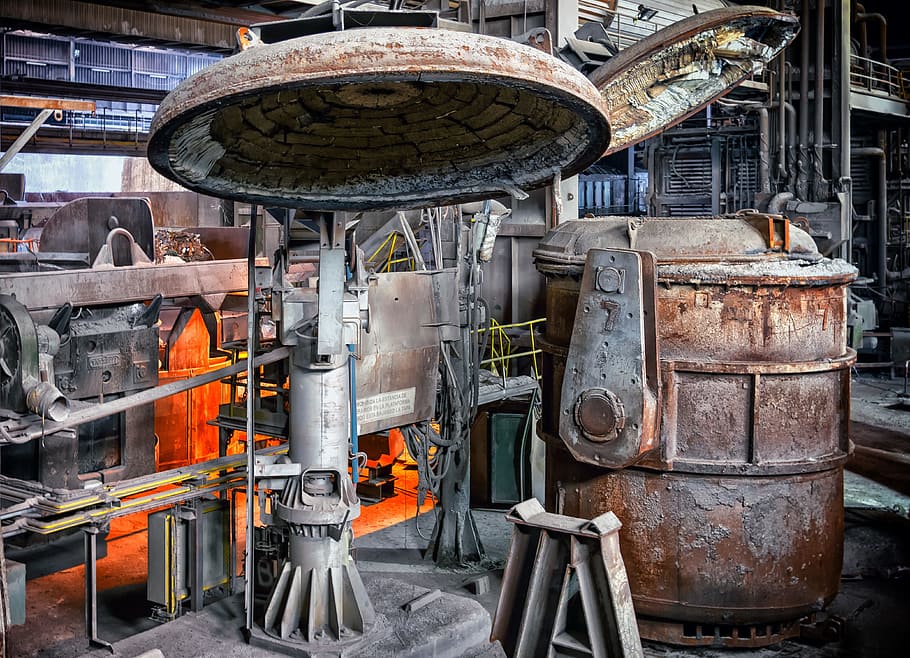 grey, brown, industrial, machine, inside, building, steel, foundry, factory, melt