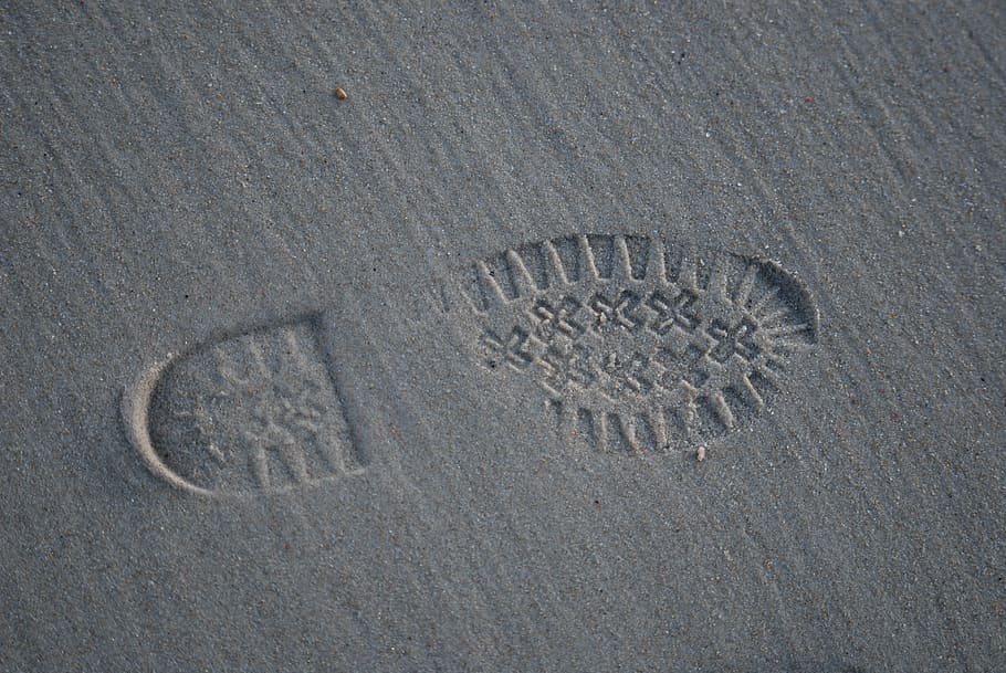 footprint, sand, shoe, high angle view, beach, land, text, western script, print, day