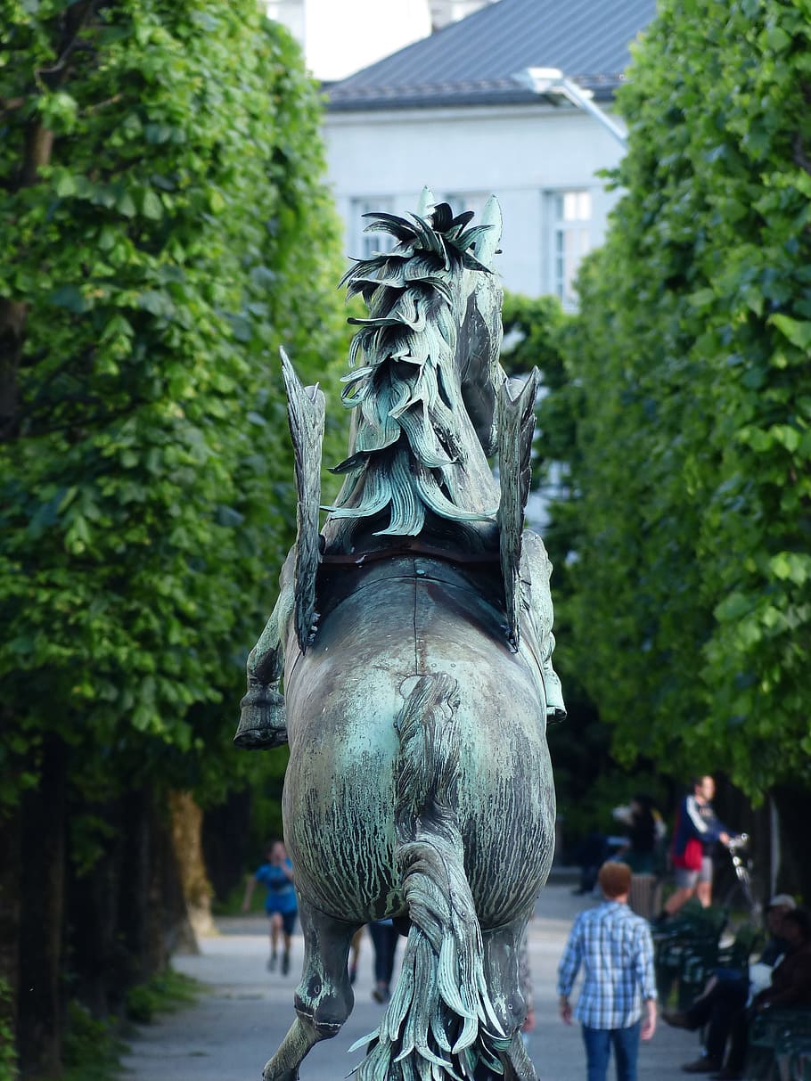 Cavalo, ross, estátua, monumento, jardins mirabell, salzburg, escultura, ao ar livre, árvore, arquitetura