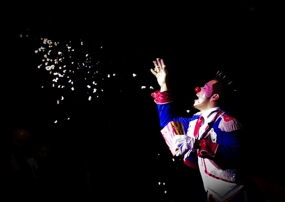 clown tossing popcorn, clown, claw, circus, tihany, people, one Person, night, arts culture and entertainment, performance