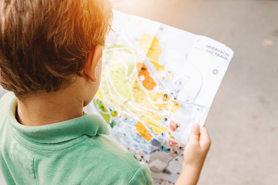 boy, green, polo shirt reading map, daytime, child, children, kid, kids, map, park