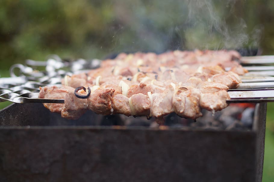 shish kebab, meat, picnic, fried meat, mangal, cocktail stick, skewers, tasty, smoke, grill