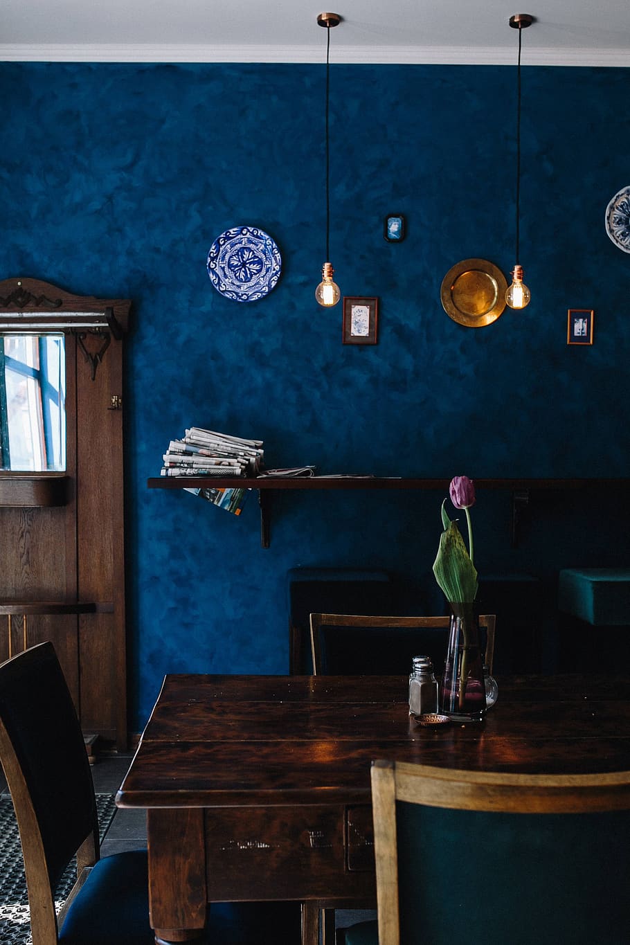 móveis, café, restaurante, azul, bar, azul escuro, Interior, moderno, mesa, uma pessoa