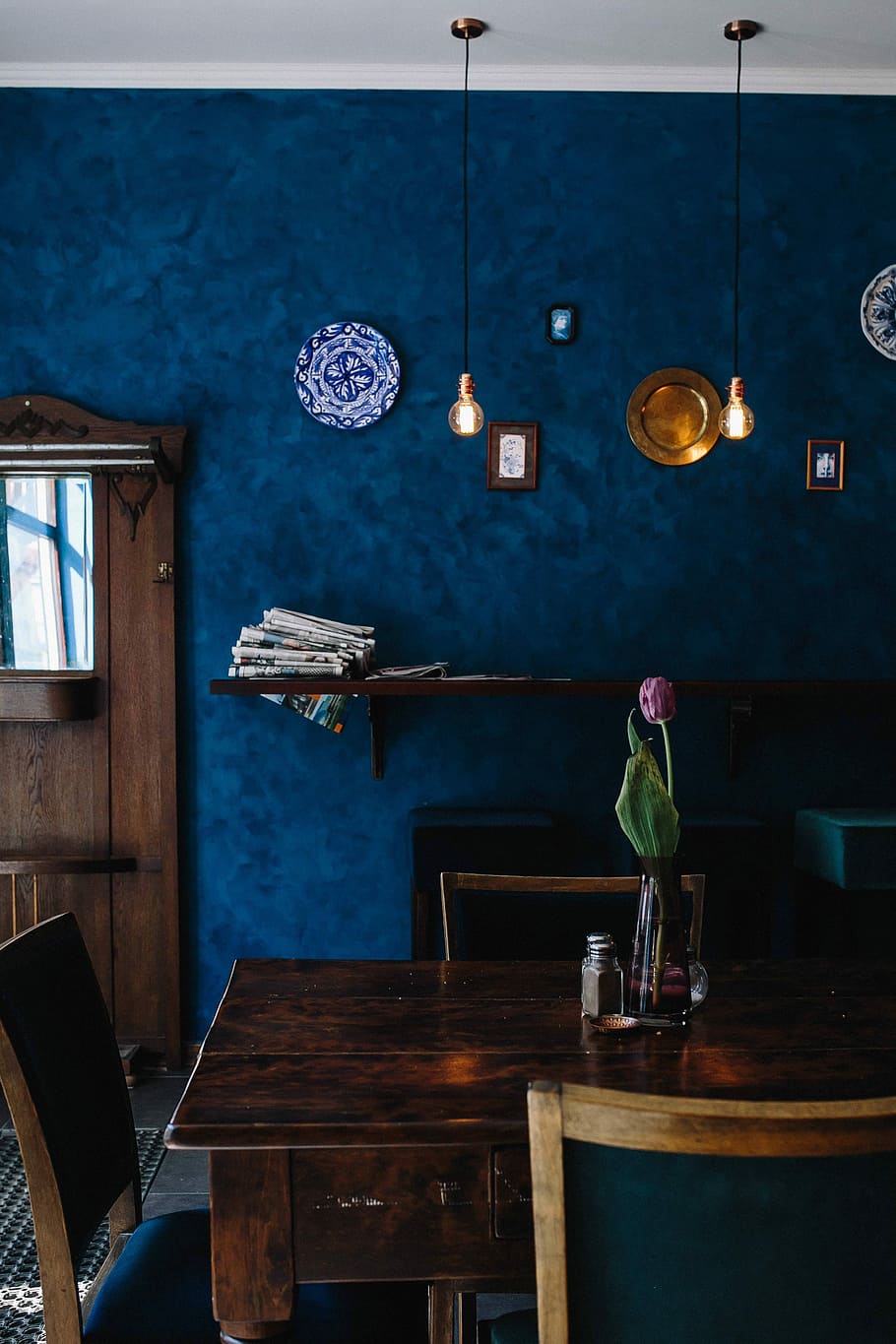 moderno, restaurante, interior, móveis, café, azul, bar, azul escuro, mesa, cadeira