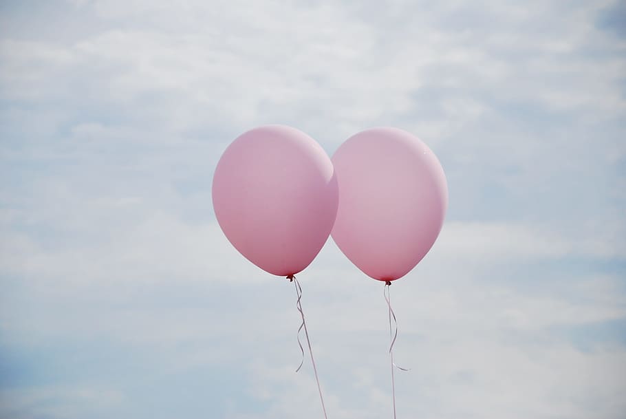 dua, merah muda, balon, foto fokus, langit, cinta, biru, awan, roman, kartu ucapan