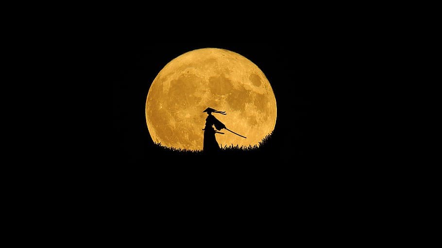 silhouette, person, holding, sword, full, moon, samurai, silhouette art, lone warrior, bright moon