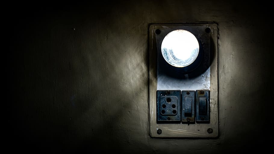 bulb, technology, dark, electricity, indoors, wall - building feature, window, lighting equipment, old, architecture