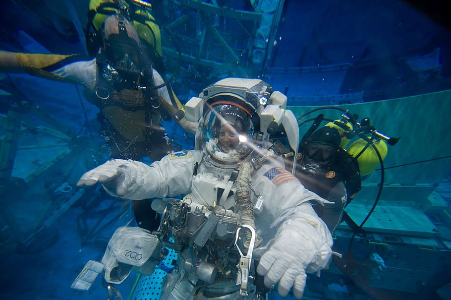 person, wearing, spacesuit, underwater, astronaut, under water, weightlessness, training, water, pool
