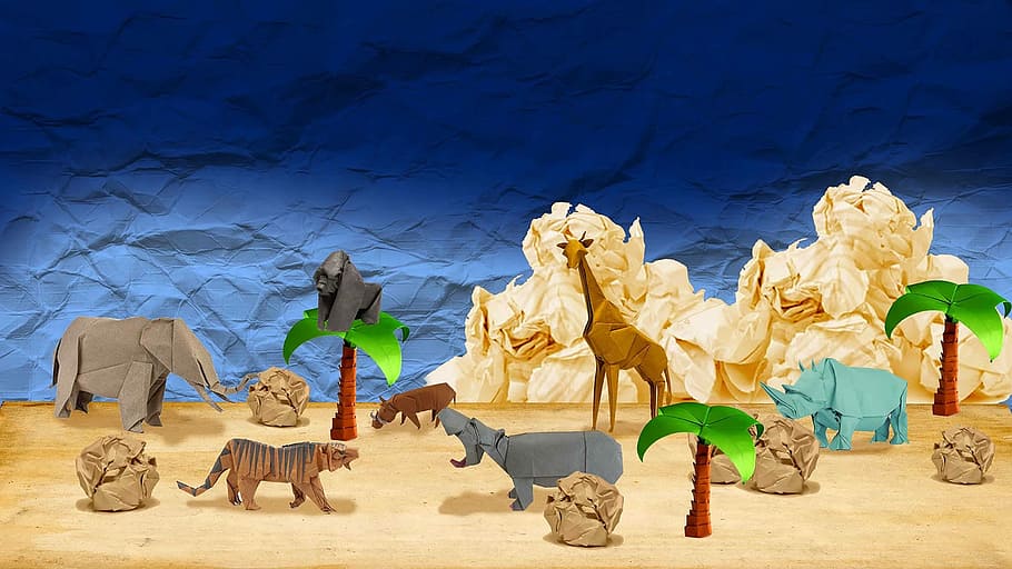 ilustração de animais sortidos, origami, cardeal, arte, deserto, destinos de viagem, inverno, areia, multi colorido, mamífero