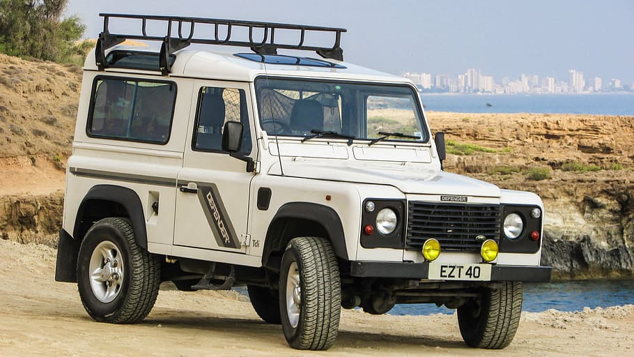 white, suv, road, land rover, defender, car, off-road, summer, vehicle, adventure