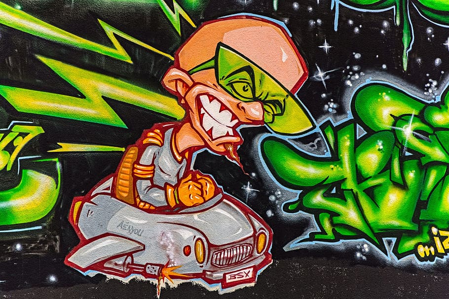 man, riding, car toy illustration, Street Art, graffitti, urban, painted wall, comic, face, amusement park