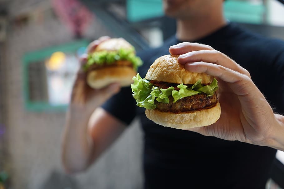 person, holding, two, hamburgers, Hamburger, Vegan, Vegetarian, Tasty, meatball, junk food