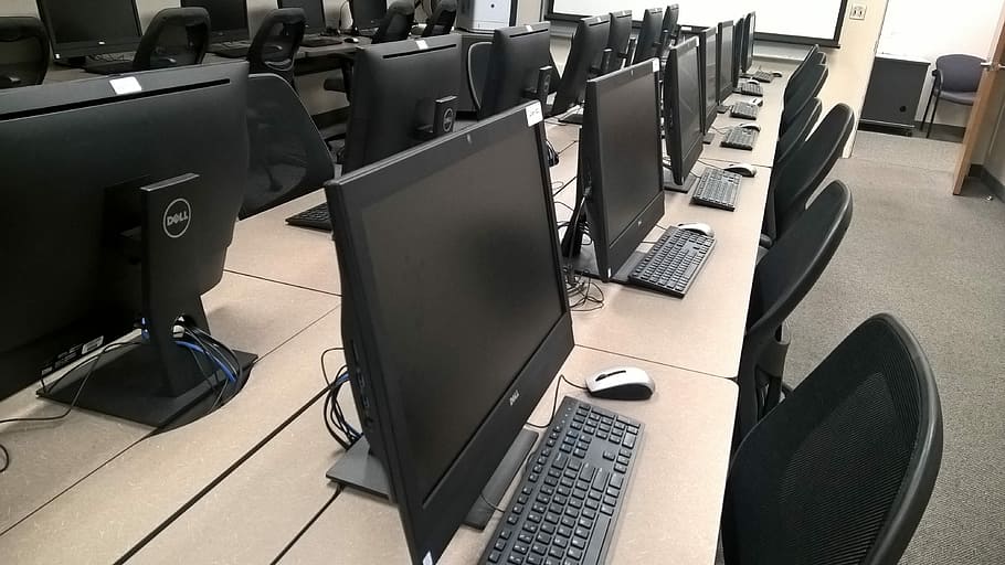 コンピューターステーション, コンピューター, ラボ, 教育, テクノロジー, デスクトップ, 教室, 学習, インターネット, 学校