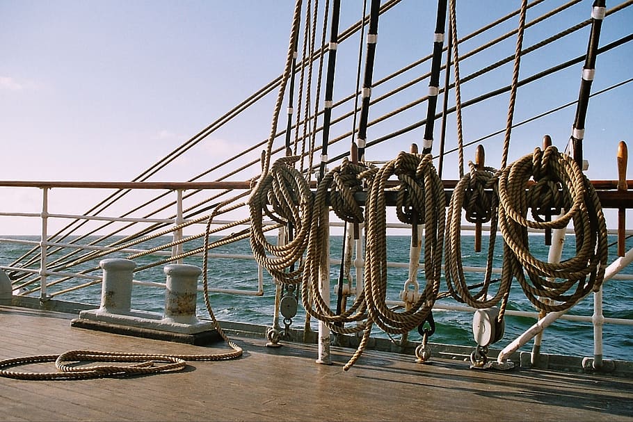 beige, ropes, white, ship rail, knot, sailing vessel, rigging, dew, ship traffic jams, rope