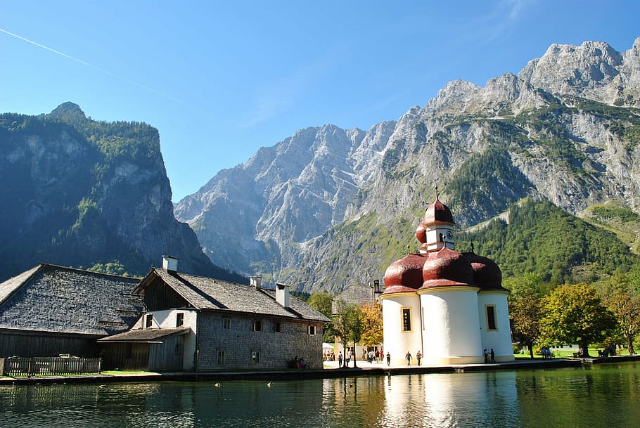 schönau, königssee, bartholomä st, berchtesgaden, alpine, water, watzmann east face, mountain, architecture, built structure