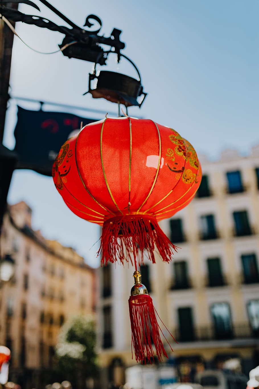 chinês, lâmpada, ásia, lanterna, tradicional, Vermelho, Madrid, Espanha, exterior do edifício, equipamento de iluminação