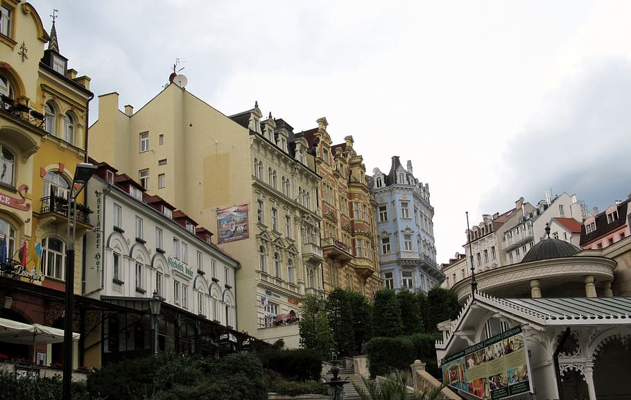 karlovy vary, hotels, windows, building exterior, built structure, architecture, sky, building, city, nature