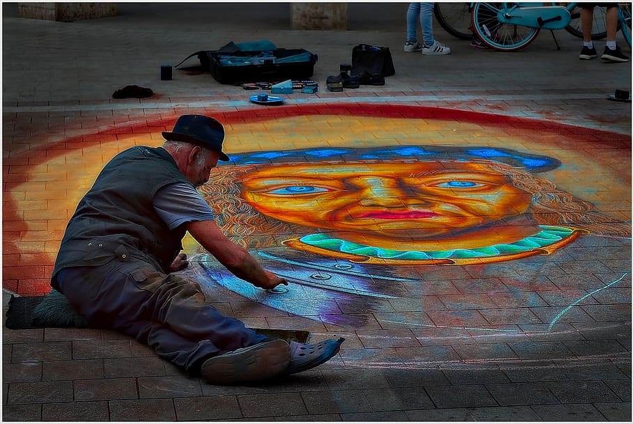 street painting, color, street art, painting, artists, artwork, colorful, road, man, hat
