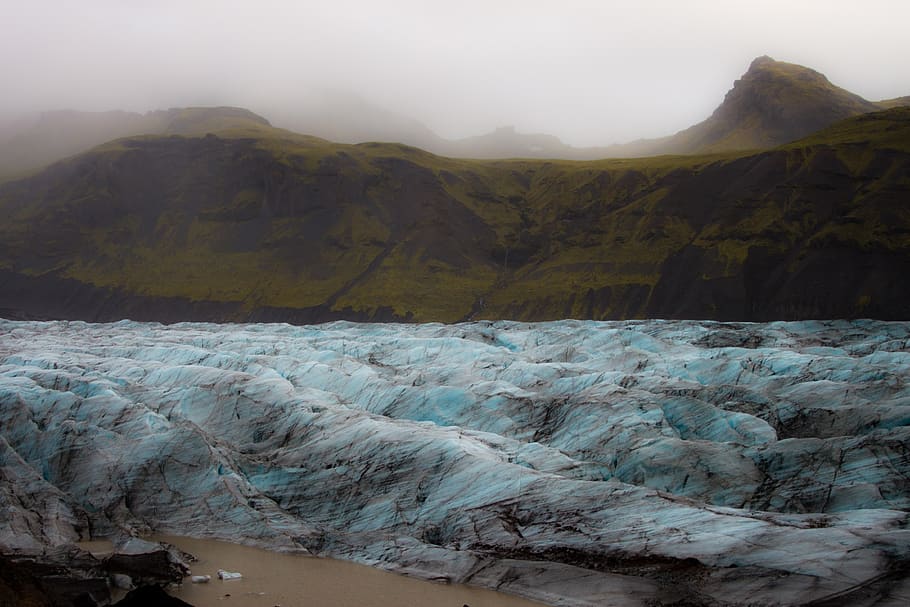glaciar, lengua glaciar, islandia, hielo, azul, frío, montañas, niebla, naturaleza, montaña