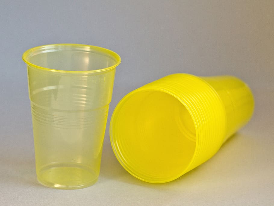 creative, plastic cup, disposable, water, plastic, production, yellow, studio shot, indoors, close-up